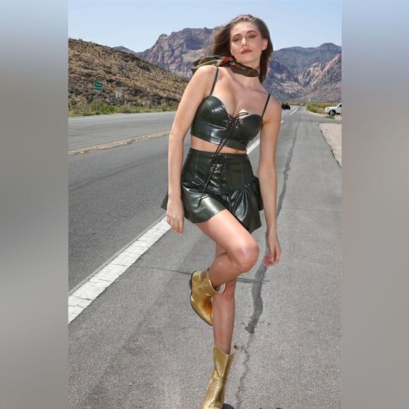 Olive Faux Leather Lace Up Bustier Top & Corset Ruffle Mini Skirt Set L - Picture 1 of 6